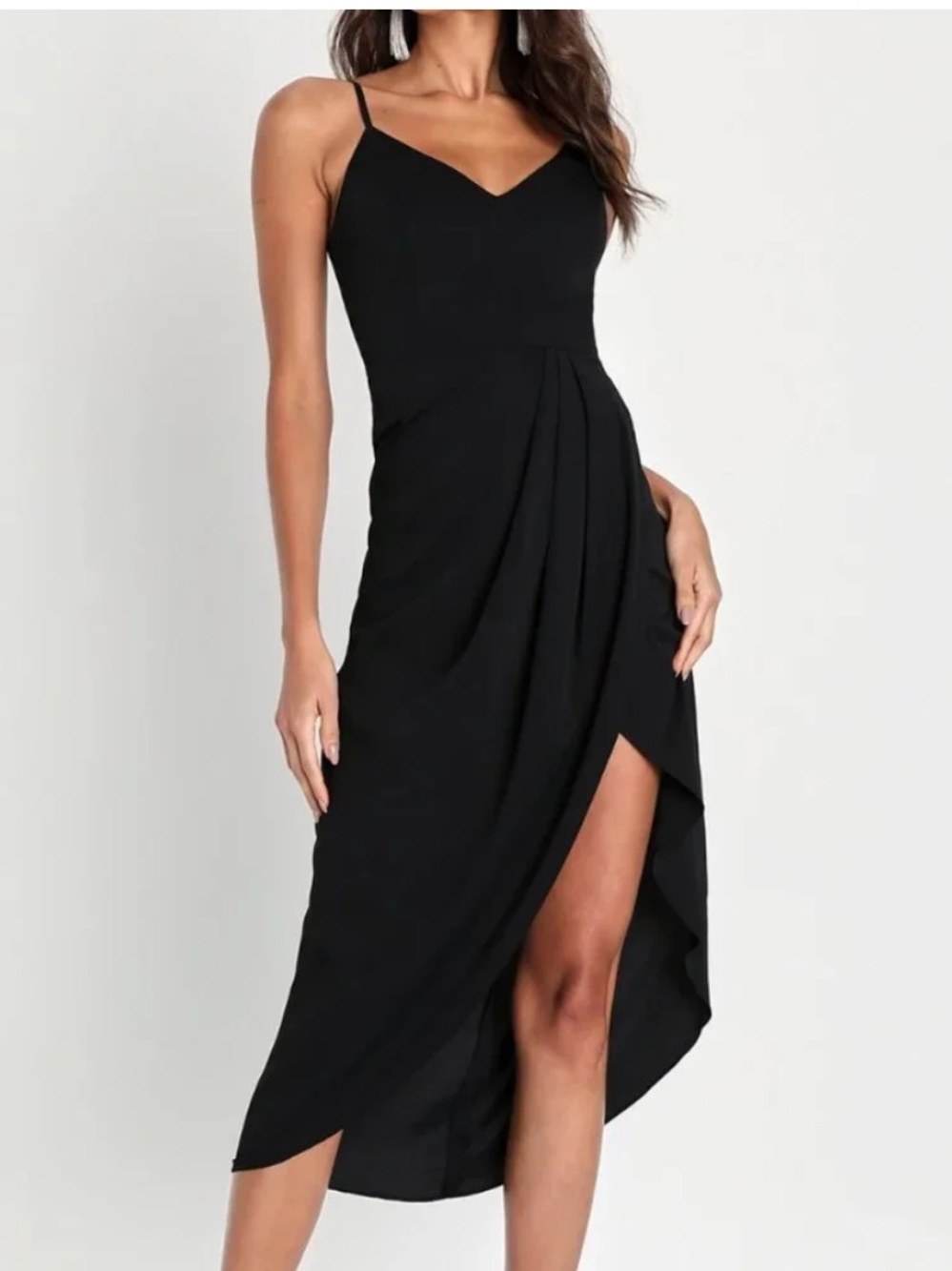 Lulus Reinette Spaghetti Strap Black V-Neck Pleated Tulip Midi Dress XL Cocktail